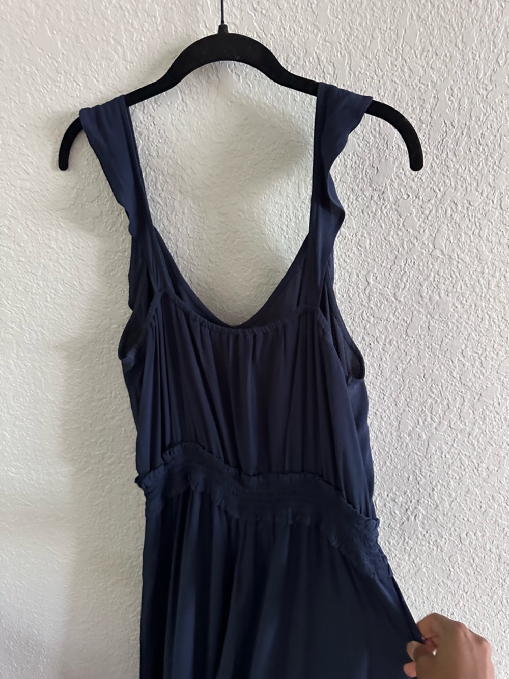 LOFT Navy Sleeveless Wide Leg Jumpsuit Ruffle Trim Smocked Waist Size Large - Picture 6 of 11